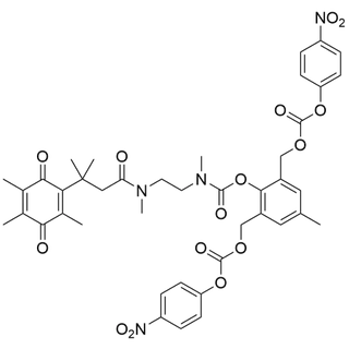 4-methyl-2,6-bis((((4-nitrophenoxy)carbonyl)oxy)methyl)phenyl (2-(N,3-dimethyl-3-(2,4,5-trimethyl-3,6-dioxocyclohexa-1,4-dien-1-yl)butanamido)ethyl)(methyl)carbamate