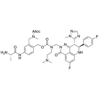 allyl (5-((S)-2-aminopropanamido)-2-((((2-(dimethylamino)ethyl)(((8S,9R)-5-fluoro-8-(4-fluorophenyl)-9-(1-methyl-1H-1,2,4-triazol-5-yl)-3-oxo-8,9-dihydro-3H-pyrido[4,3,2-de]phthalazin-2(7H)-yl)methyl)carbamoyl)oxy)methyl)benzyl)(methyl)carbamate
