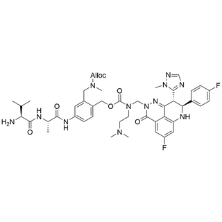 allyl (5-((S)-2-((S)-2-amino-3-methylbutanamido)propanamido)-2-((((2-(dimethylamino)ethyl)(((8S,9R)-5-fluoro-8-(4-fluorophenyl)-9-(1-methyl-1H-1,2,4-triazol-5-yl)-3-oxo-8,9-dihydro-3H-pyrido[4,3,2-de]phthalazin-2(7H)-yl)..