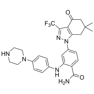 4-(6,6-dimethyl-4-oxo-3-(trifluoromethyl)-4,5,6,7-tetrahydro-1H-indazol-1-yl)-2-((4-(piperazin-1-yl)phenyl)amino)benzamide